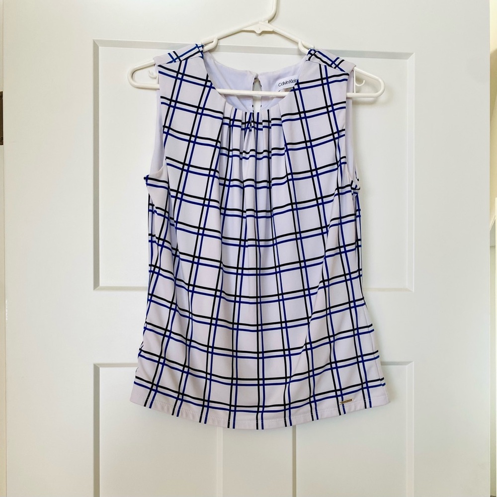Calvin Klein White and Blue Plaid Sleeveless Top
